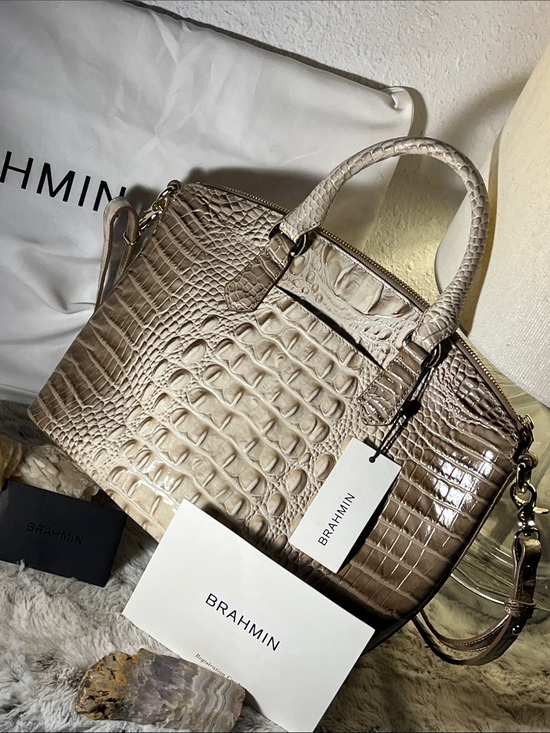 Brahmin Handbags - Brahmin Taupe Croc-Embossed Leather Satchel with Gold Hardware and Dustbag.